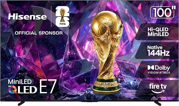 Hisense 100" E7 Cinema Series Hi-QLED Mini-LED 4K UHD Smart Fire TV (100E7SF, 2026 NEW) - Native 144Hz, AI Picture, Dolby Vision IQ · Atmos, FALD, HDR10+ Adaptive, MEMC, Alexa+