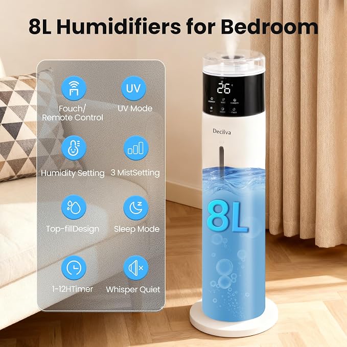 Large Humidifier for Bedroom, 8L/2.1Gal Ultrasonic Cool Mist, Remote control,Easy Clean with 350ML/H Large Mist Speed, Suitable for Kids Room Plant Yoga Study Room Office (White)
