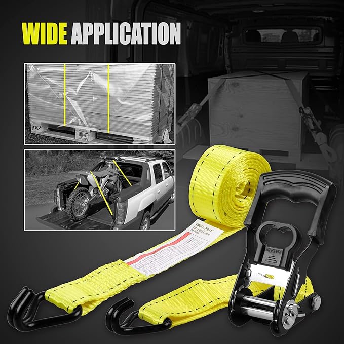 AWELCRAFT Ratchet Straps(4 Pack),3300lb Breaking Strength,1.5in×10ft Heavy Duty Tie Down Ratcheting with Padded Handles,Double J Hooks & 4 Soft Loops for Trailer,Trucks,Motorcycle(Yellow)