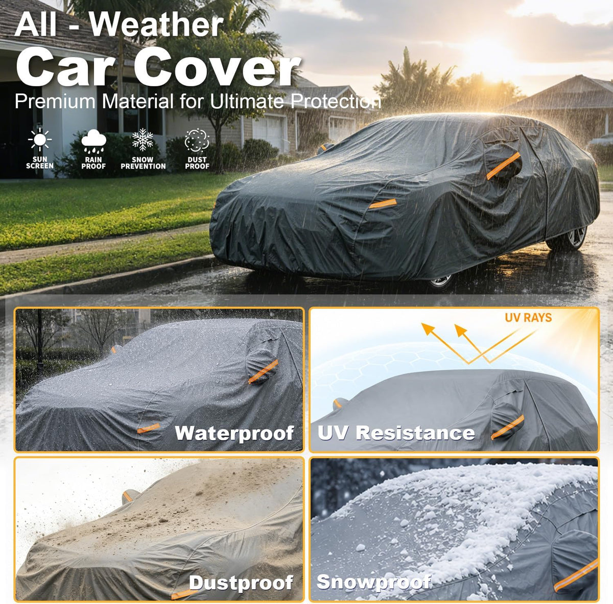 GUNHYI 16 Layers Car Cover Waterproof All Weather, Heavy Duty Outdoor Car Cover Universal Fit Sedan Toyota Avalon, Ford Taurus, Lincoln MKS/Continental, BMW 740i, Mercedes Benz S Class etc.