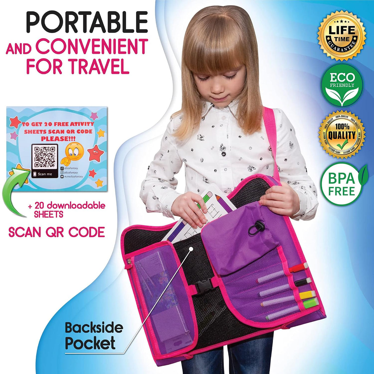 Kids Travel Tray - Waterproof Lap Table with No-Drop Large Tablet Holder - Car Seat Tray - Road Trip Essentials Kids - Car Desk Organizer for Airplane - Toddler Travel Essentials (Pink)