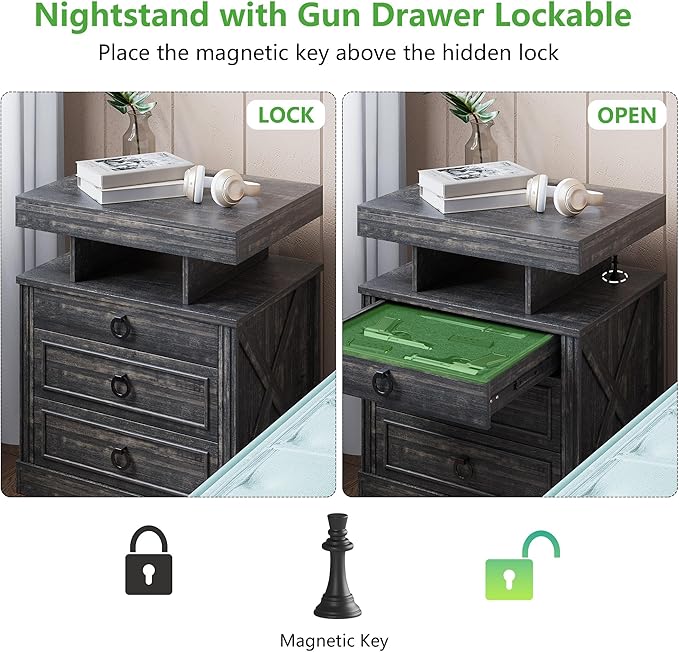 HNEBC Nightstand with Gun Drawers, LED Farmhouse Night Stand with Charging Station, Smart End Table with 3 Color Auto Light, Bedside tabel with Hidden Compartment for Bedroom Furniture-Brown