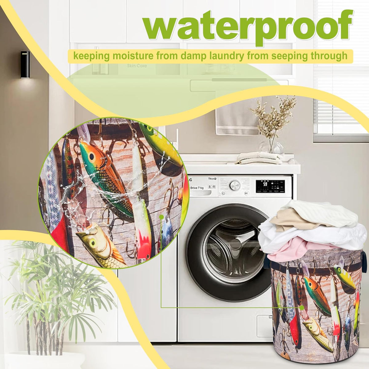 Fishing Fish Laundry Basket Foldable Waterproof Hamper 18.9 x 16.5 Inch