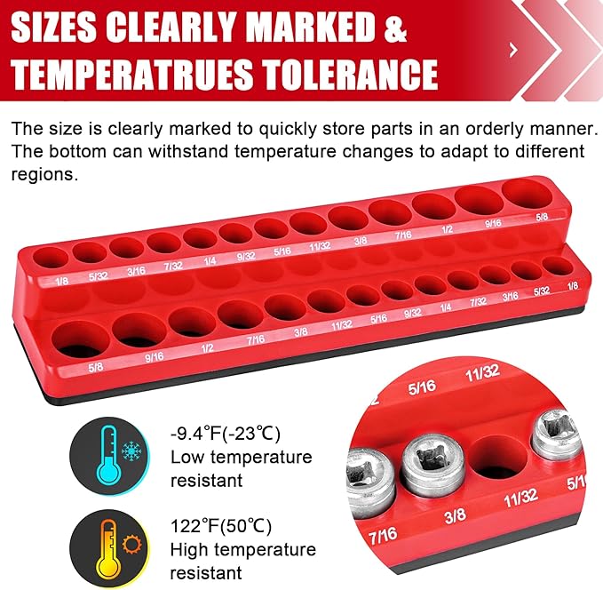 Magnetic Socket Organizer Holder 6-Piece (1/4 In, 3/8 In, 1/2 In Drive Metric SAE) Magnet Socket Rail Trays Storage Set Holds 143 Sockets for Tool Box Drawer