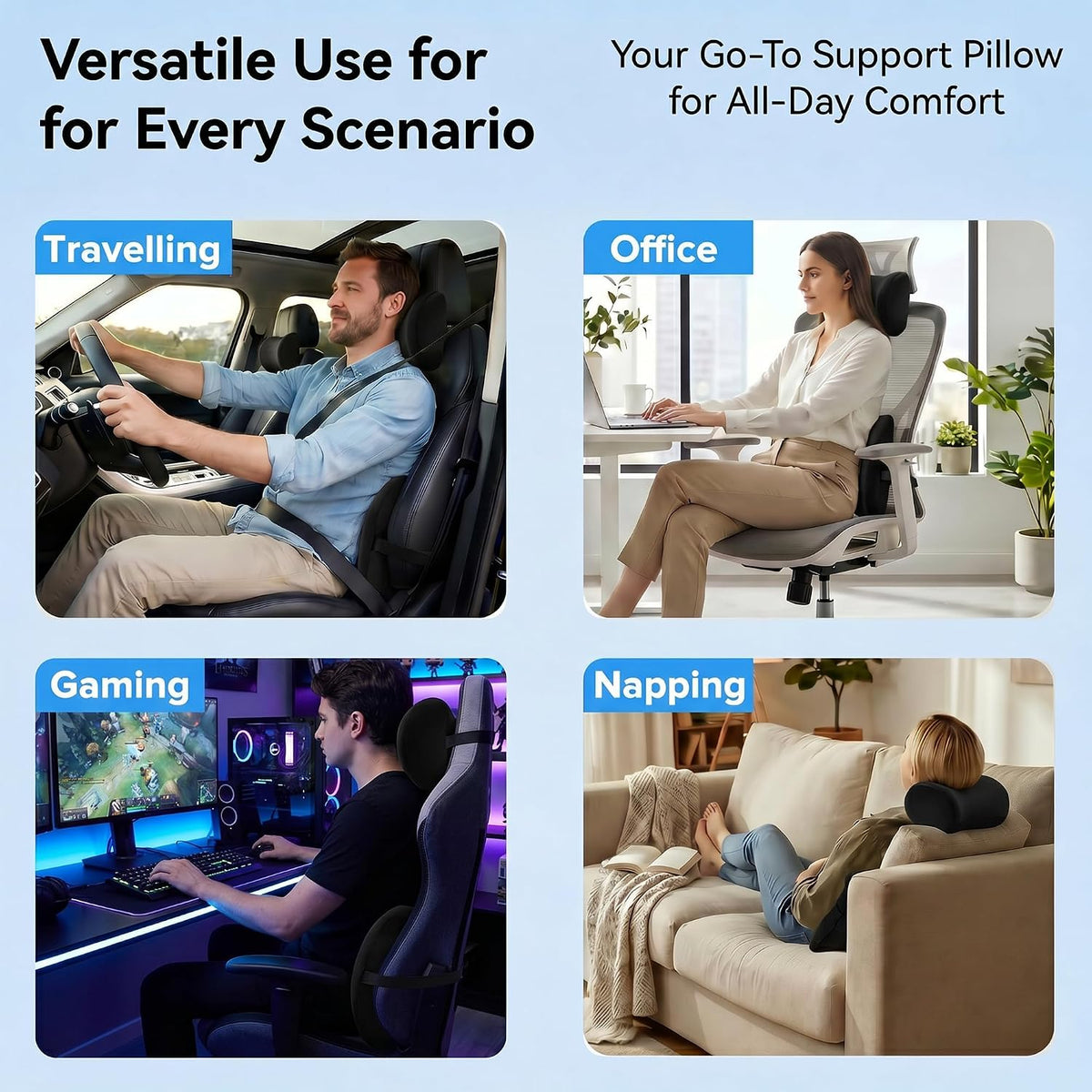Universal Memory Foam Car Neck Pillow and Lumbar Support Pillow Set, Black