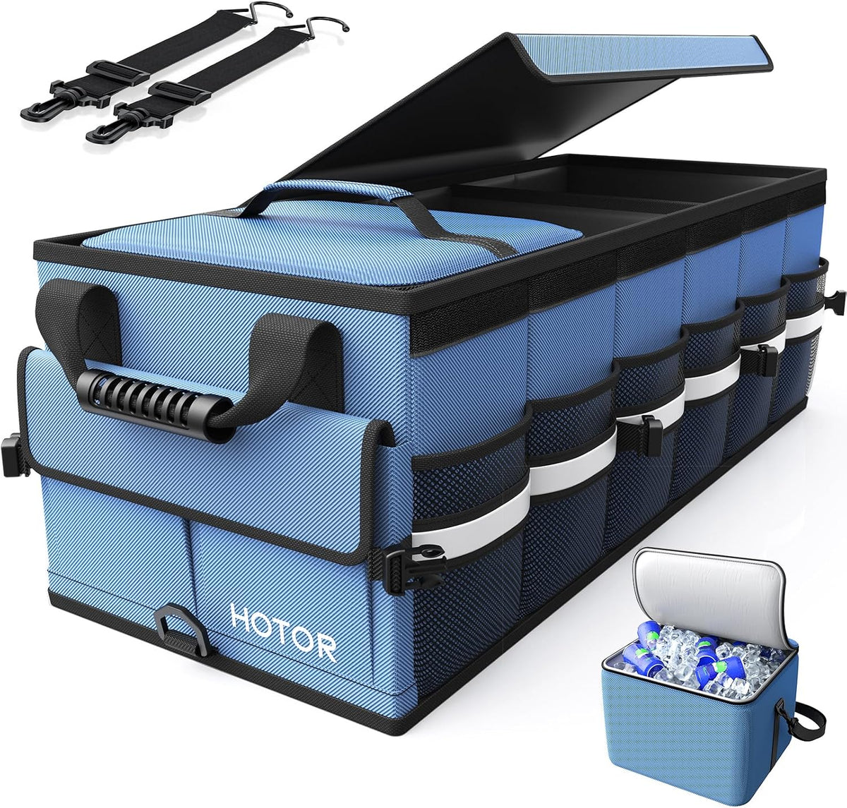 HOTOR Car Trunk Organizer - Trunk Organizer for SUV with Removable Cooler Bag, Foldable Cover, 3 Compartment Car Storage Essential Car Accessories for Truck, Van & Sedan, Blue, 33.1" x 12.6" x 11.0"