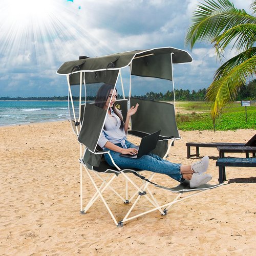 Nice C Chair with Canopy, Umbrella Chairs, Chair with Shades, Sports Chairs, w/Removable Footrest, Cooler Bag, Cup Holder for Camping, Fishing, Sports, Soccer, Beach (1-P Green)