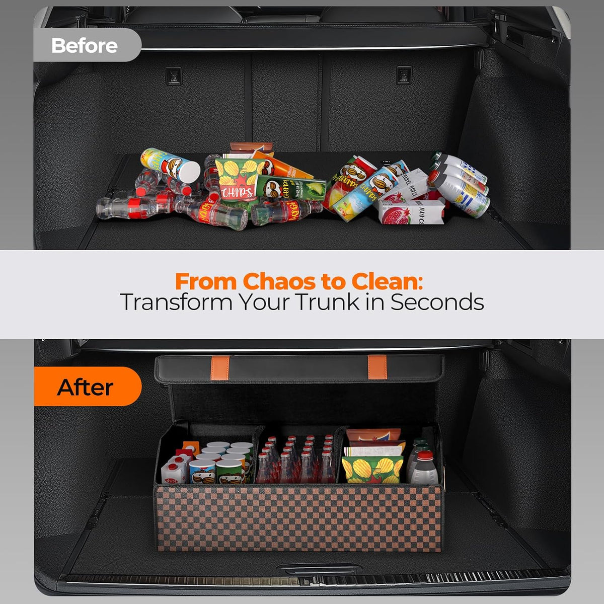 Fyzeoty Car Trunk Organizer for SUV and Sedan, Orange‑Stripe Plaid, 29.5 in