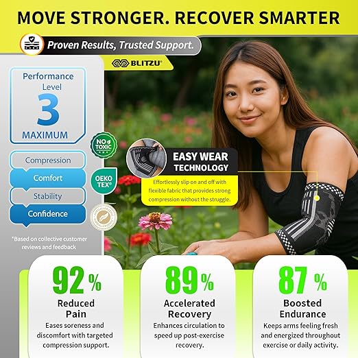 BLITZU Elbow Compression Sleeve for Tendonitis 2 Pack, Tennis Elbow Brace Support for Men and Women Golfers Elbow Pain Relief, Arthritis, Bursitis, Arm Brace for Workout, Weightlifting Black L