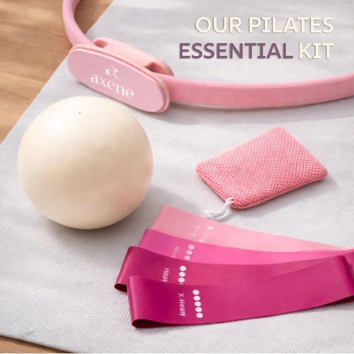 Axene At Home Pilates Kit for Women – Pilates Ring and Ball Set with Resistance Bands, Mini Ball, Exercise Guide & Carry Bag – Complete Pilates Essentials Kit for Home Workout