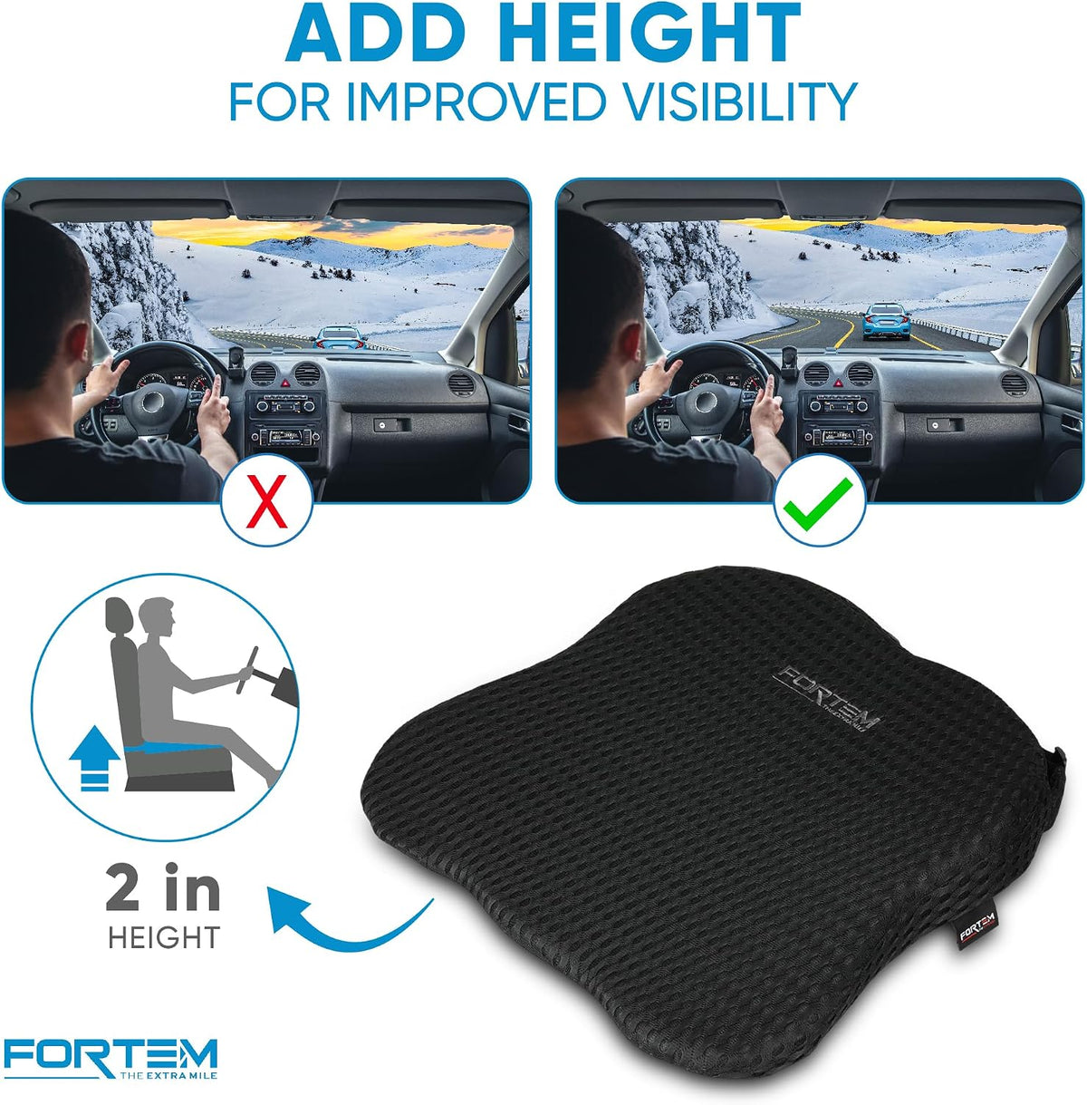 FORTEM Car Seat Cushion and Back Support Pillow, Memory Foam Car Wedge Cushion, Comfort Back Rest and Lumbar Support for Driving, Non Slip Seat Pad, Adjustable Straps, Washable Cover