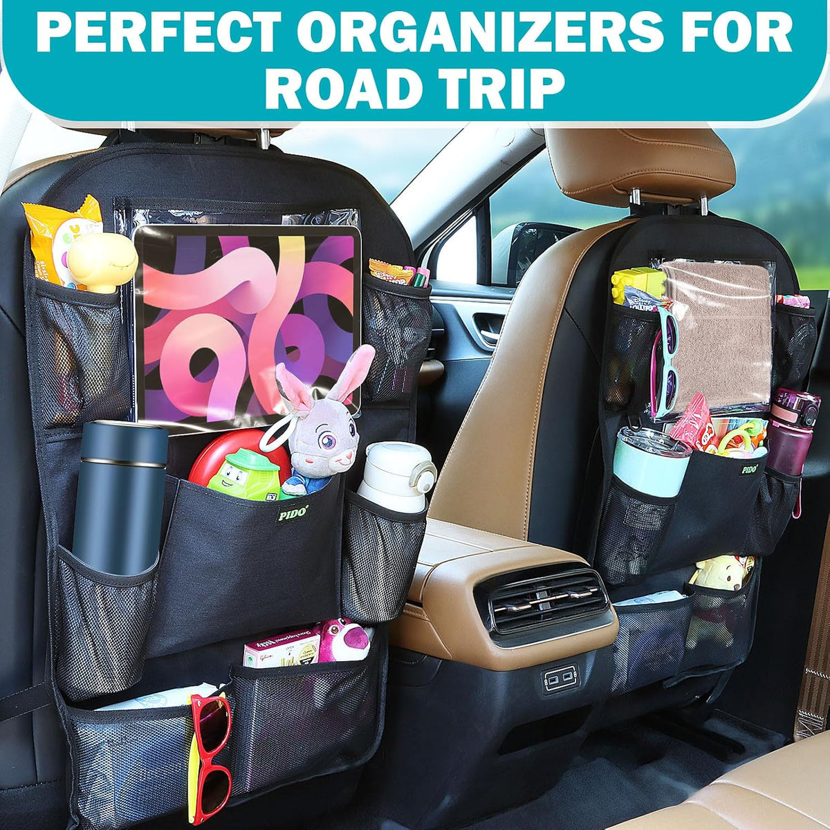 PIDO Backseat Car Organizer, 2 Pack Car Seat Organizer for Kids with Touch Screen Tablet Holder and 8 Pockets, Automotive Seat Back Kick Mat Made with Heavy Duty Fabric, Road Trip Essentials, Black