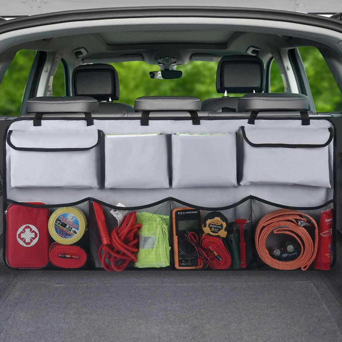 Car Trunk Hanging Organizer 3D Textured Ripple Design, Cotton-Padded Farewell to Collapse, Reinforced Stitching, Extra-Wide Pocket, Backseat Grocery Storage Bag with 8 Pockets for SUV,Truck,Van