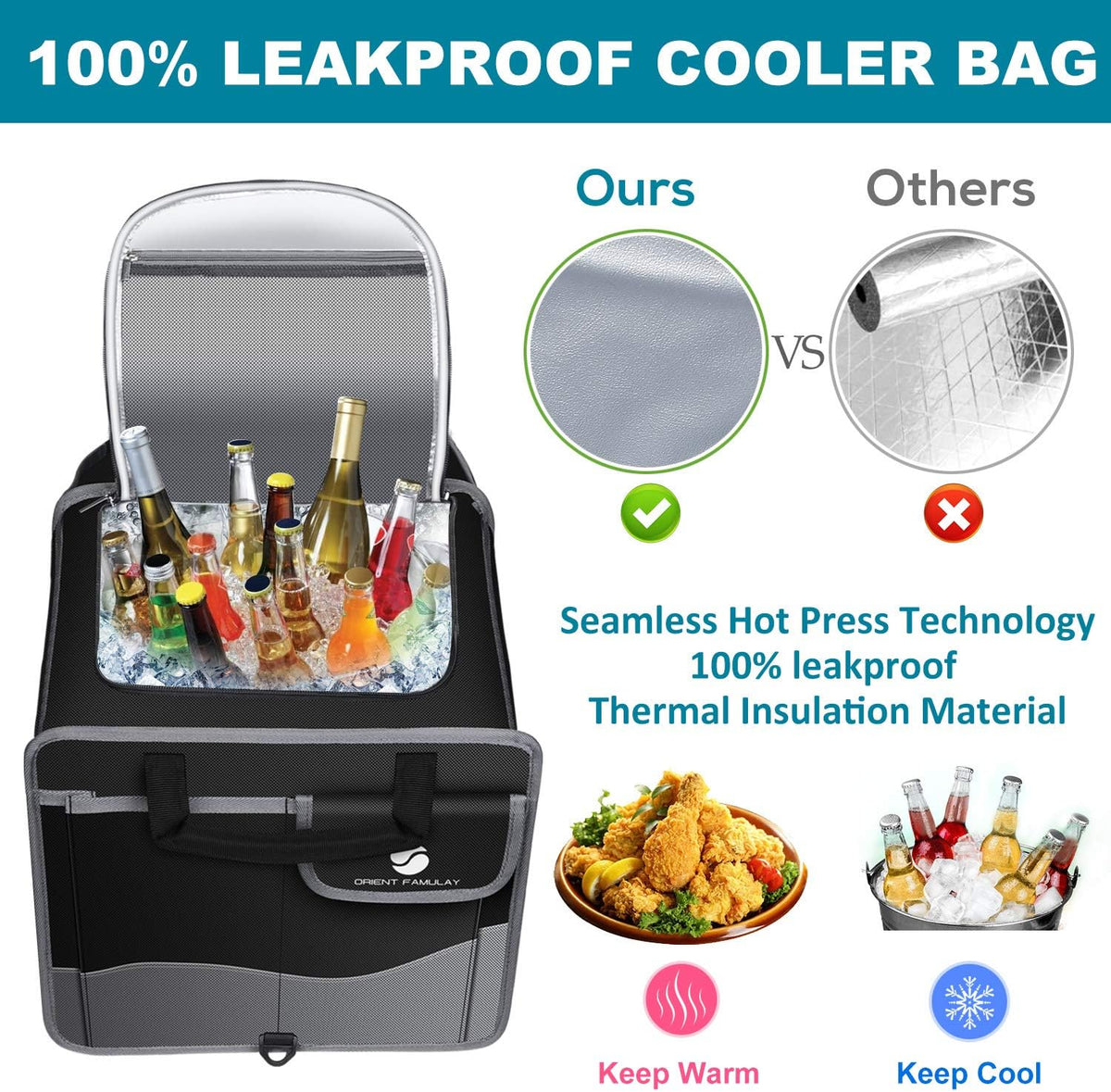 Trunk Organizer with Cooler, Collapsible Trunk Storage Container with Non Slip Bottom Strips, Large Multi-Compartment Waterproof Car Trunk Organizer Groceries for Vehicle Sedan, Suv, Truck,Van(Black)