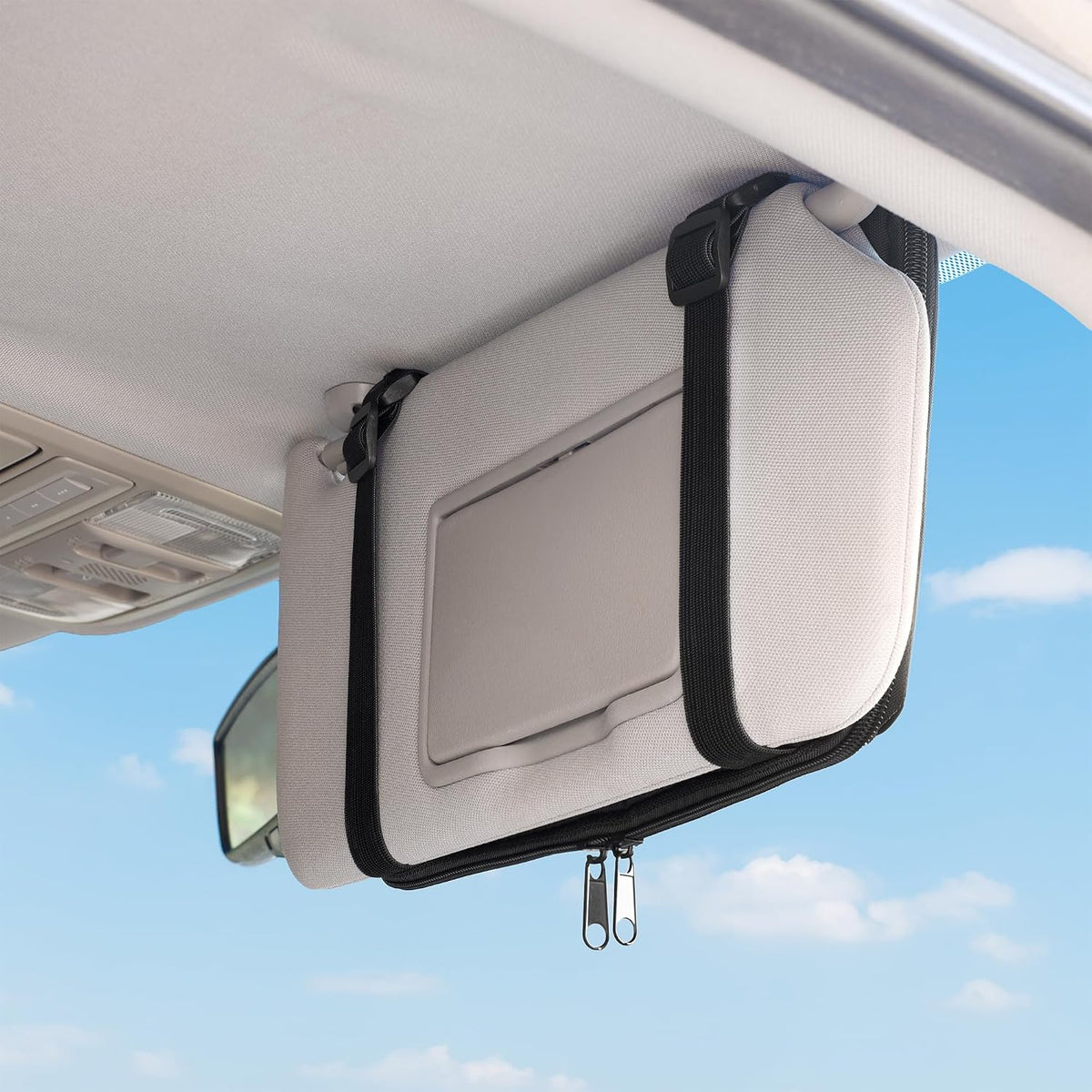 Car Visor Organizer – Non-Sag Adjustable Straps – Nylon Sun Visor Storage Pouch with Card Holders, Pen Slots & Mesh Pockets – Universal Fit for Most Cars, Trucks & SUVs