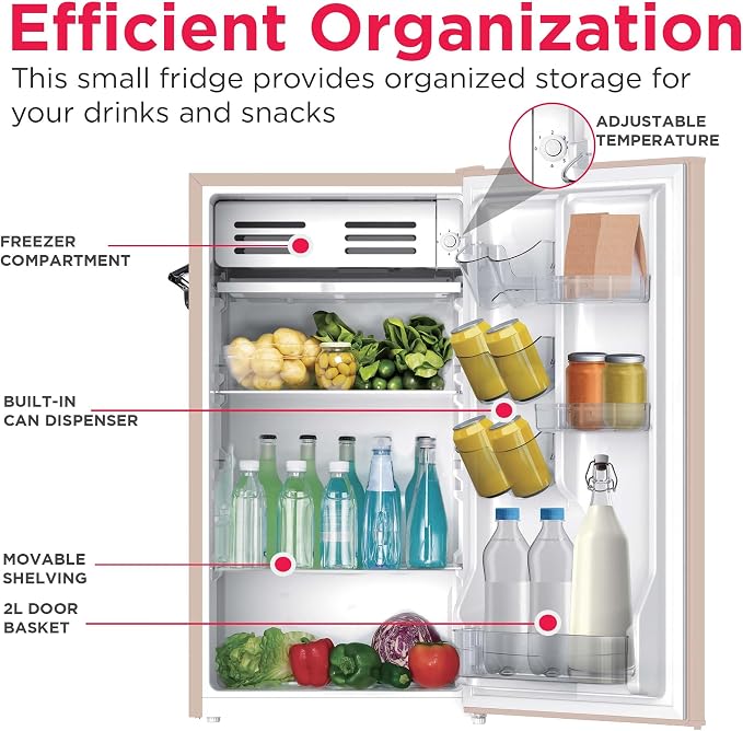 Frigidaire Retro Compact Fridge with Chiller, 3.2 cu ft Countertop Fridge with Built-In Bottle Opener, Compact Refrigerator for Office, Bedroom, Dorm Room or Cabin - 16.5" D x 19" W x 31" H (Coral)