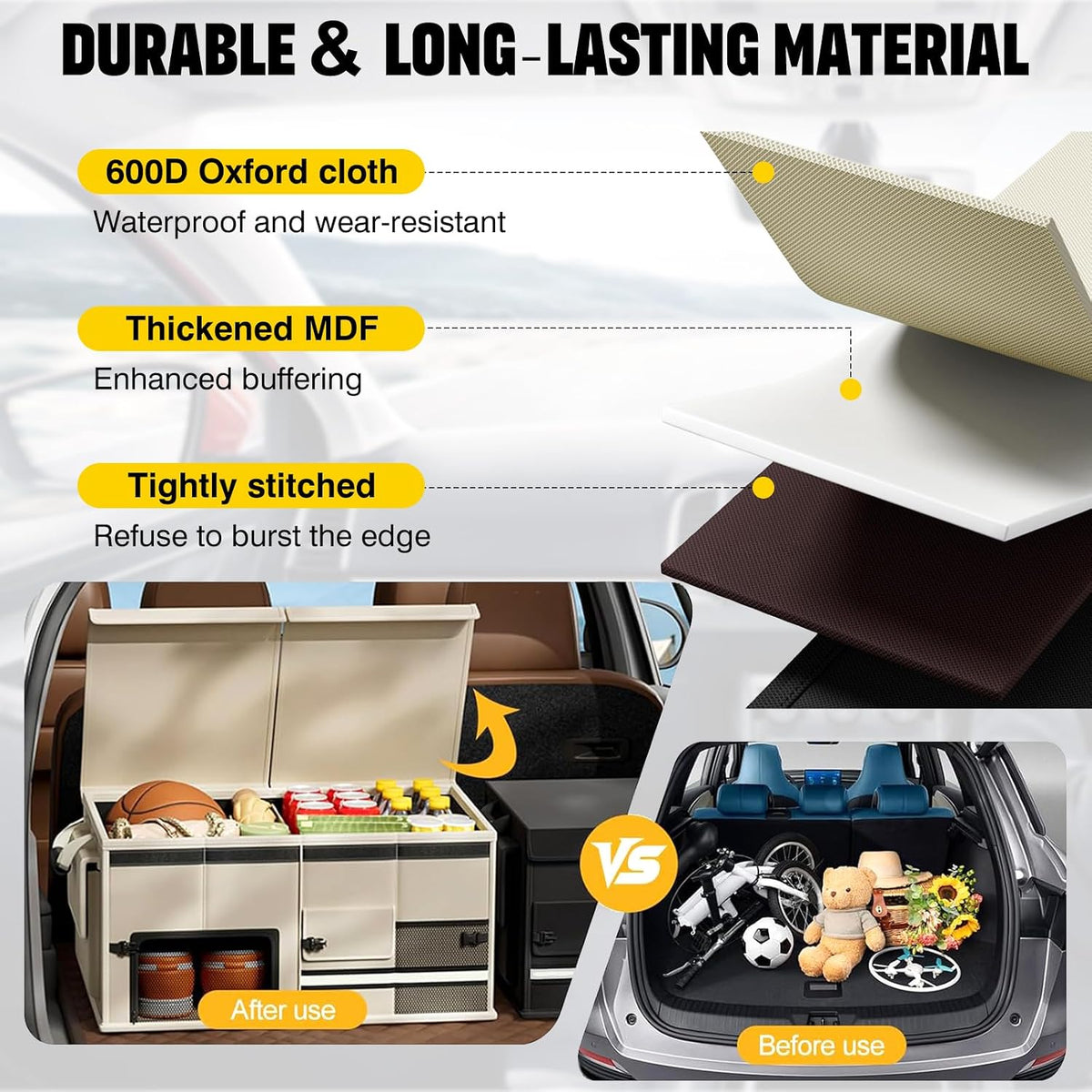 Foldable Car Trunk Organizer with Multi-Compartment – Expandable 30-60L Storage Bin, Side Mesh Pockets, Waterproof 600D Oxford Cloth, Car Accessories for SUV/Truck/Sedan, Beige, 23.6"x13.0"x11.8"