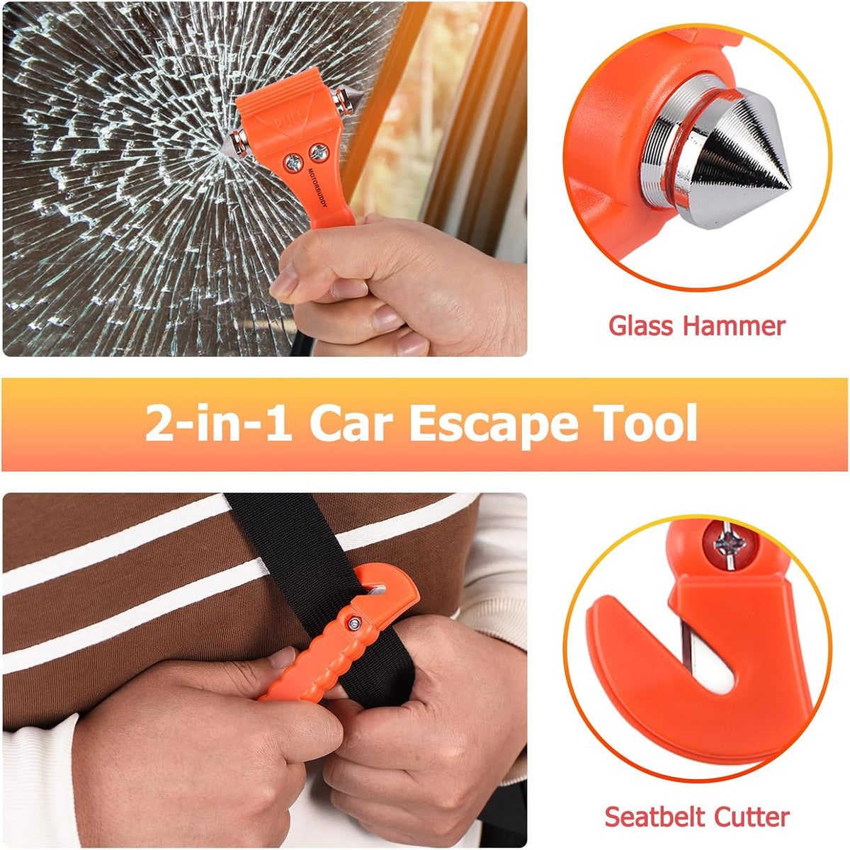 MOTORBUDDY 2-Pack Car Safety Hammer Seatbelt Cutter, Auto Emergency Escape Hammer with Window Glass Breaker and Seat Belt Cutter, Escape Tool for Car Accidents