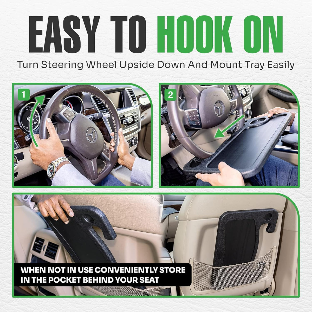lebogner Steering Wheel Tray, Car Tray for Eating, Hook On Steering Wheel Desk for Food, Laptop and Car Accessories, Car Road Trip Must Haves Gadgets Car Table (Beige, with Tablet Slot)