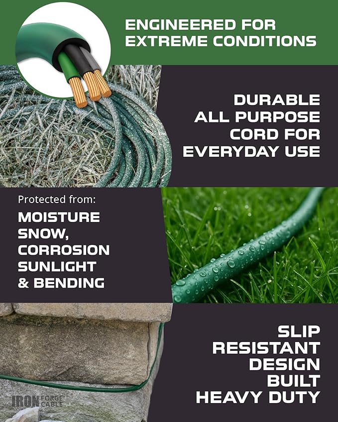 IRON FORGE CABLE 25 Foot Outdoor Extension Cord with 3 Electrical Power Outlets - 16/3 SJTW Durable Green Extension Cable with 3 Prong Grounded Plug for Safety