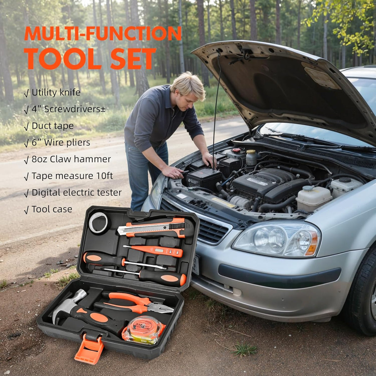 Car Emergency Kit with Portable Air Compressor, First Aid Kit, Jumper Cables, Roadside Safety Emergency Tool Kit for Women, Men, Teen