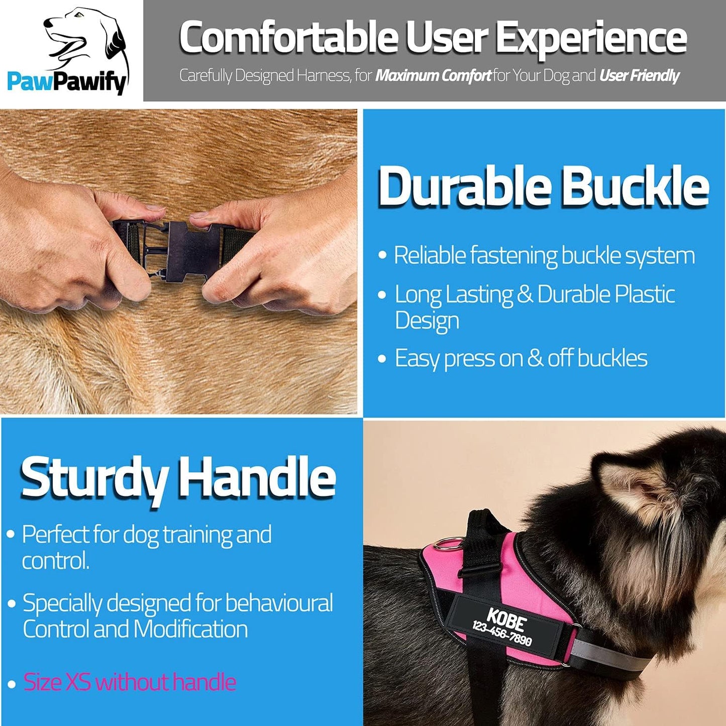 PawPawify Custom No Pull Dog Harness with Name and Phone Number, Heavy Duty Personalized Pet Vest to Prevent Tugging, Pulling, or Choking, Training and Walking (SkyBlue, XS (5-9LBS))