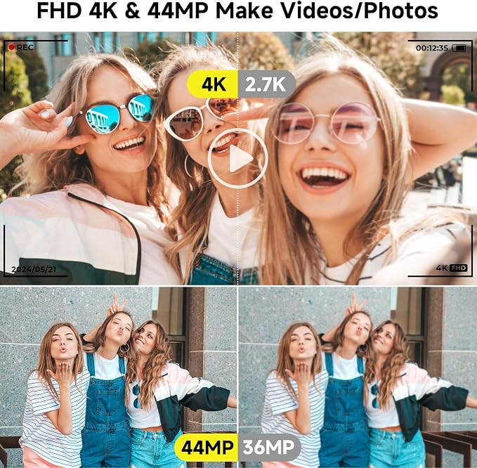 Digital Camera, FHD 4K 44MP Digital Camera, 16X Digital Zoom, Digital Point and