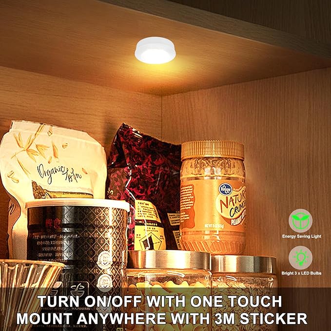 Wireless LED Puck Lights, Touch Activated Tap Ligh Push Light, Battery Operated Stick On Lights for Under Cabinet, Kitchen, Closet & Counters, 6-Pack, White