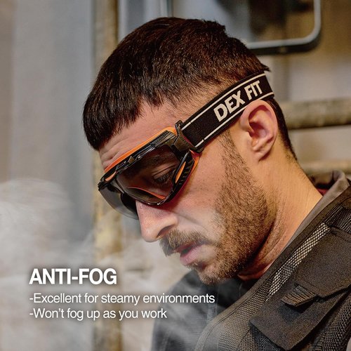 DEX FIT Safety Goggles - Wide-Vision Lab & Chemical Splash Eye Protection | Anti-Fog, Scratch Resistant, Black/Orange, Smoke Tinted Lens, Z87.1 Approved