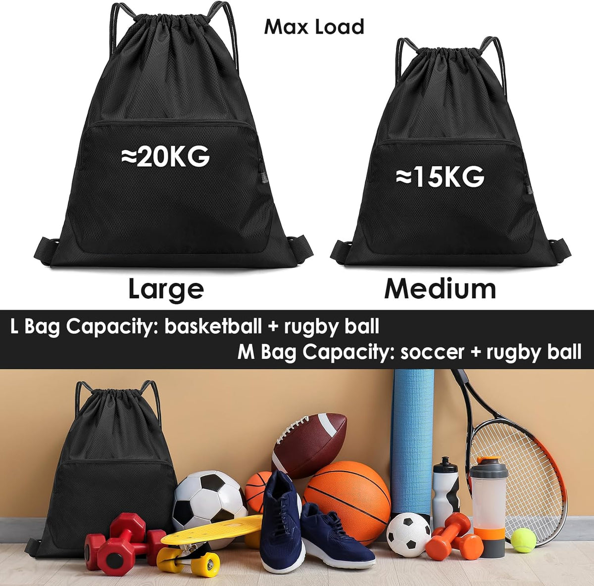 Skiennix Sports Gym Drawstring Backpack - Reusable Cinch Bag for Basketball & Soccer