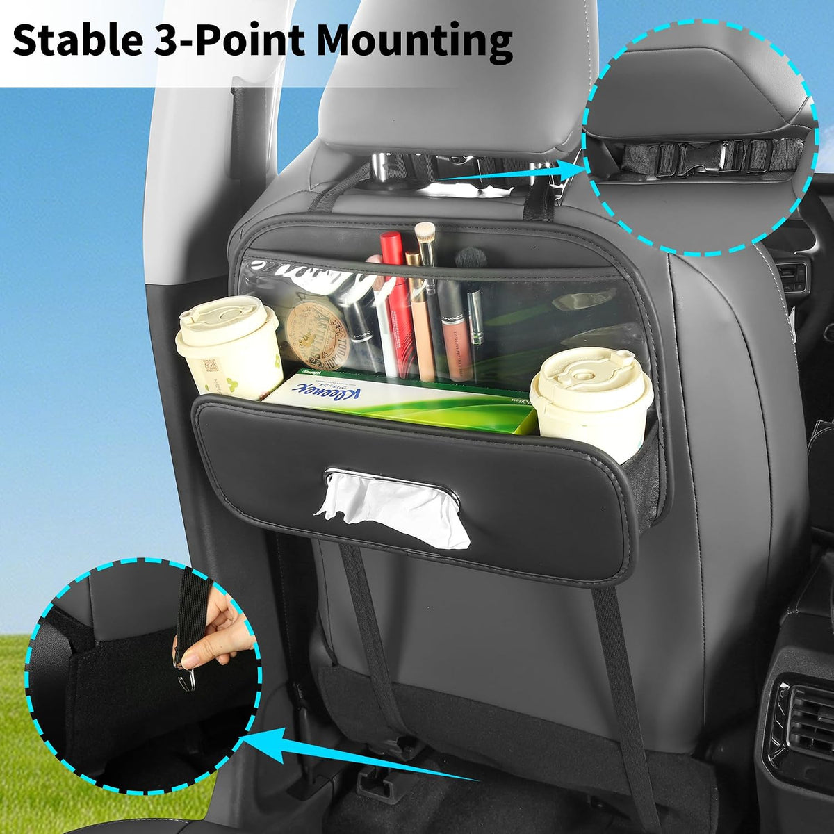 Back Seat Car Organizer with Cup Holder Tissue Box Kleenex Holder