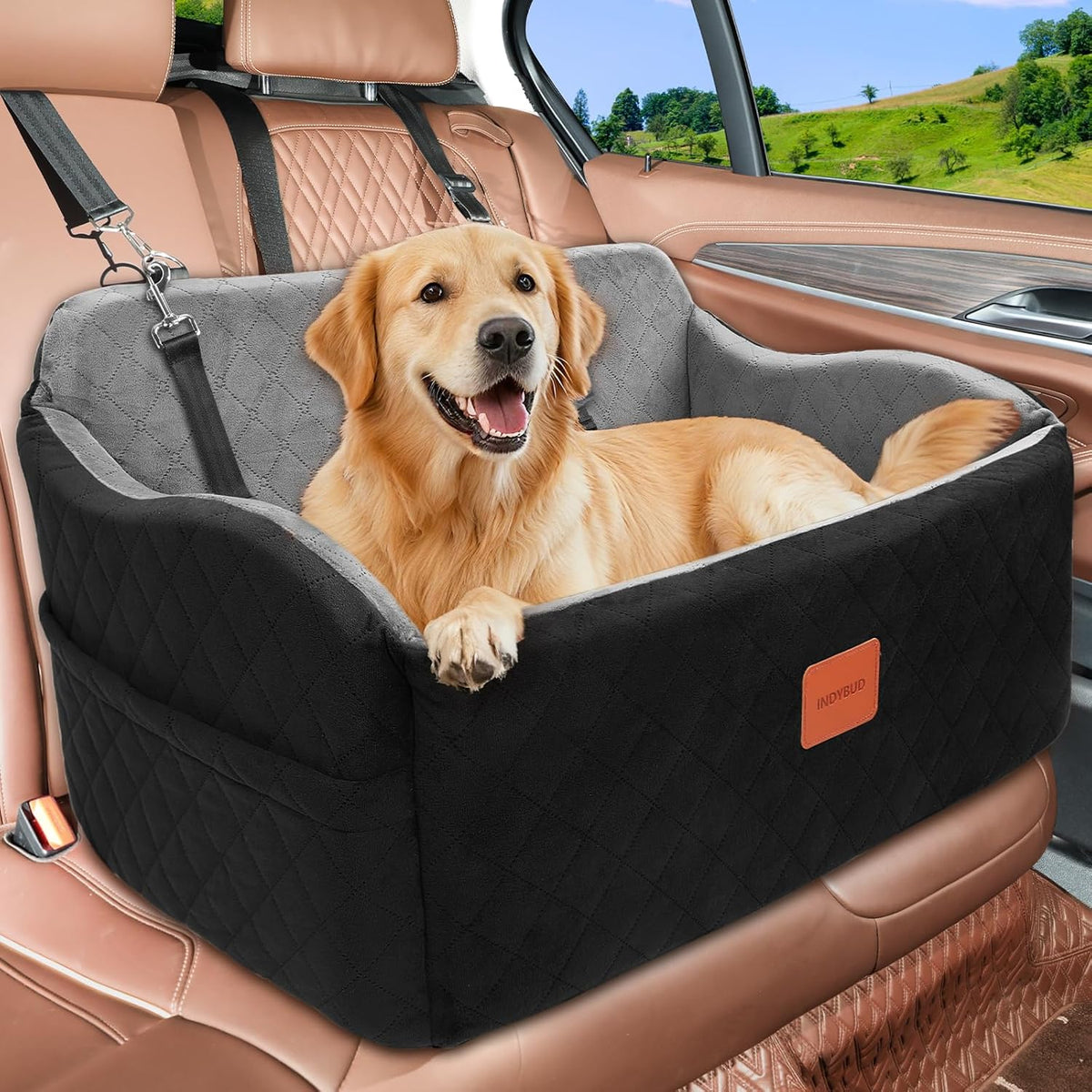 Dog Car Seat for Medium/Large Dogs, Memory Foam Pet Booster Seat for Under 55 lbs or 2 Small Dogs, Detachable Dog Car Bed for Backseat with 2 Safety Leashes and Pockets(Black/Grey, Large)