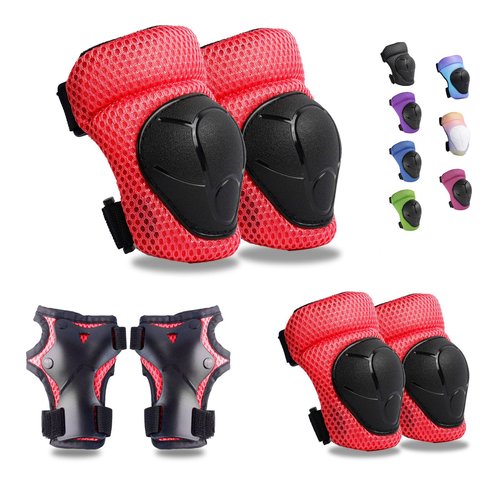 GEQID Kids Knee Pads Elbow Pads Wrist Guards Set ,Protective Gear for 4-6-12 boys girls roller skating scooter skateboarding bike (Red, Free Size (4-12 years or 40-80lbs))