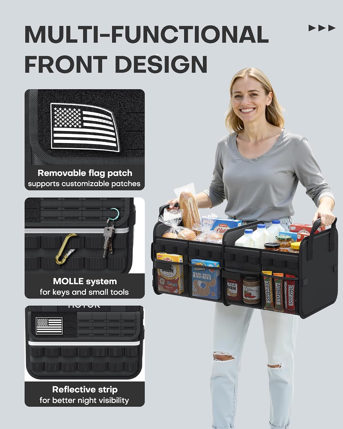 HOTOR Tactical Car Trunk Organizer - Foldable Trunk Organizer for SUV with Front MOLLE Pocket & Reflective Strips, Essential Car Accessories for Tools & Outdoor Storage, 15.0" x 23.6" x 11.0", Black