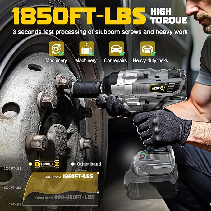 DIYtoolifz 3/4" Cordless Impact Wrench Compatible with Dewalt 20V Battery: 1850FT-LBS(2500N.m) High Torque Impact Driver, Auto-Stop Reverse, 4-Speed Heavy Duty Impact for Car/Truck/Mower(Bare Tool)