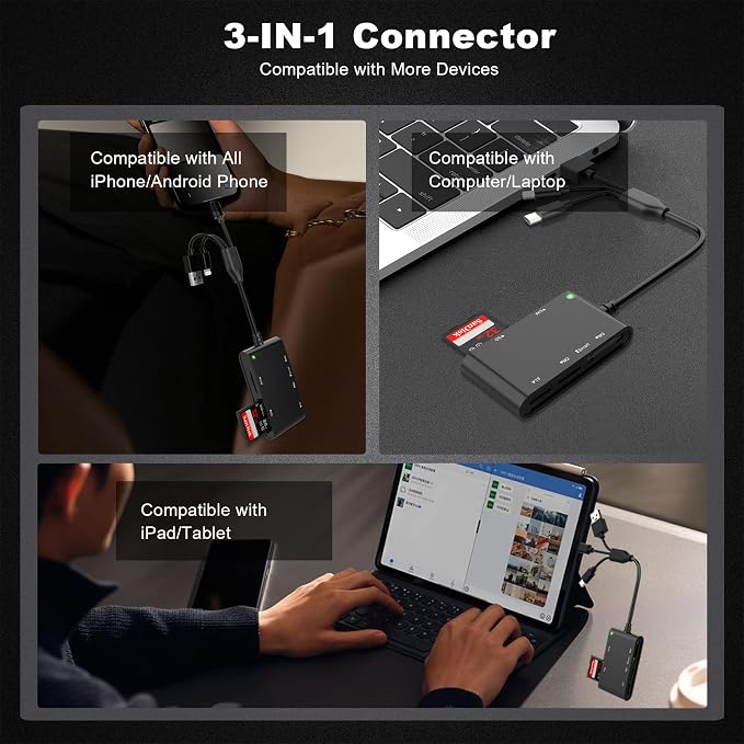7-in-1 Smart Card Reader with 3-Port Connectivity – Lightning/USB-C/USB-A