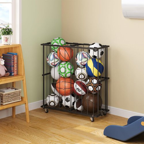 Hencawima Ball Storage Rack - Freestanding Organizer for Basketball, Soccer & More | Black