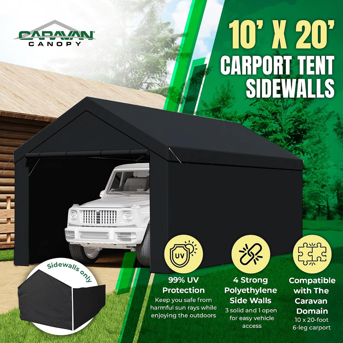 Caravan Canopy Car Tent Sidewalls for Carport, Garage & Shed, Domain, 10 x 20 Ft, Black (Roof and Canopy Not Included) - Portable Vehicle and Motorcycle Shelter - Large Outdoor Storage