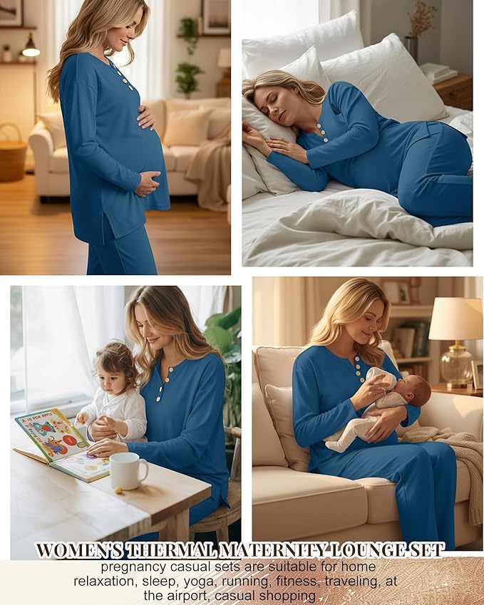 2 Piece Thermal Maternity Lounge Set Postpartum Pregnancy Fleece Loungewear Long Sleeve Top and Wide Leg Pant