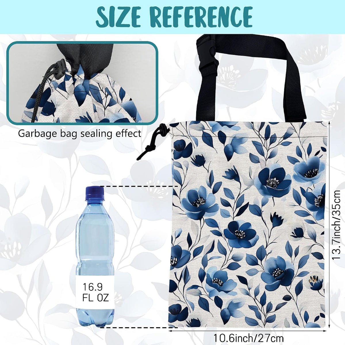 Car Trash Bag Watercolor Blue Flowers Leak-Proof Car Garbage Bag with Drawstring Foldable Canvas Trash Bin with Adjustable Buckle for Car Accessories