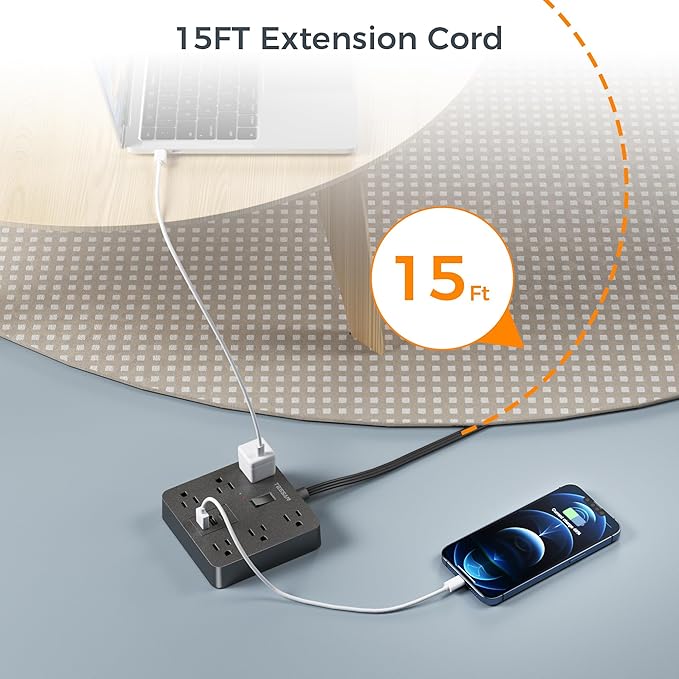 TESSAN Surge Protector Power Strip, Flat Plug Extension Cord 15 Ft with 6 Outlets and 3 USB (1 USB C) Ports, 1700J Protection, Desktop Black Long Power Cord for Indoor Home Office School Dorm Room