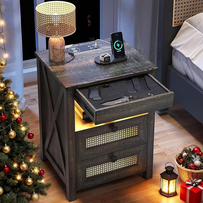 Night Stand with Gun Drawer, Bedside Table with Charging Station & LED Light, Gun Nightstand for Bedroom Living Room, Farmhouse End Table, Rustic
