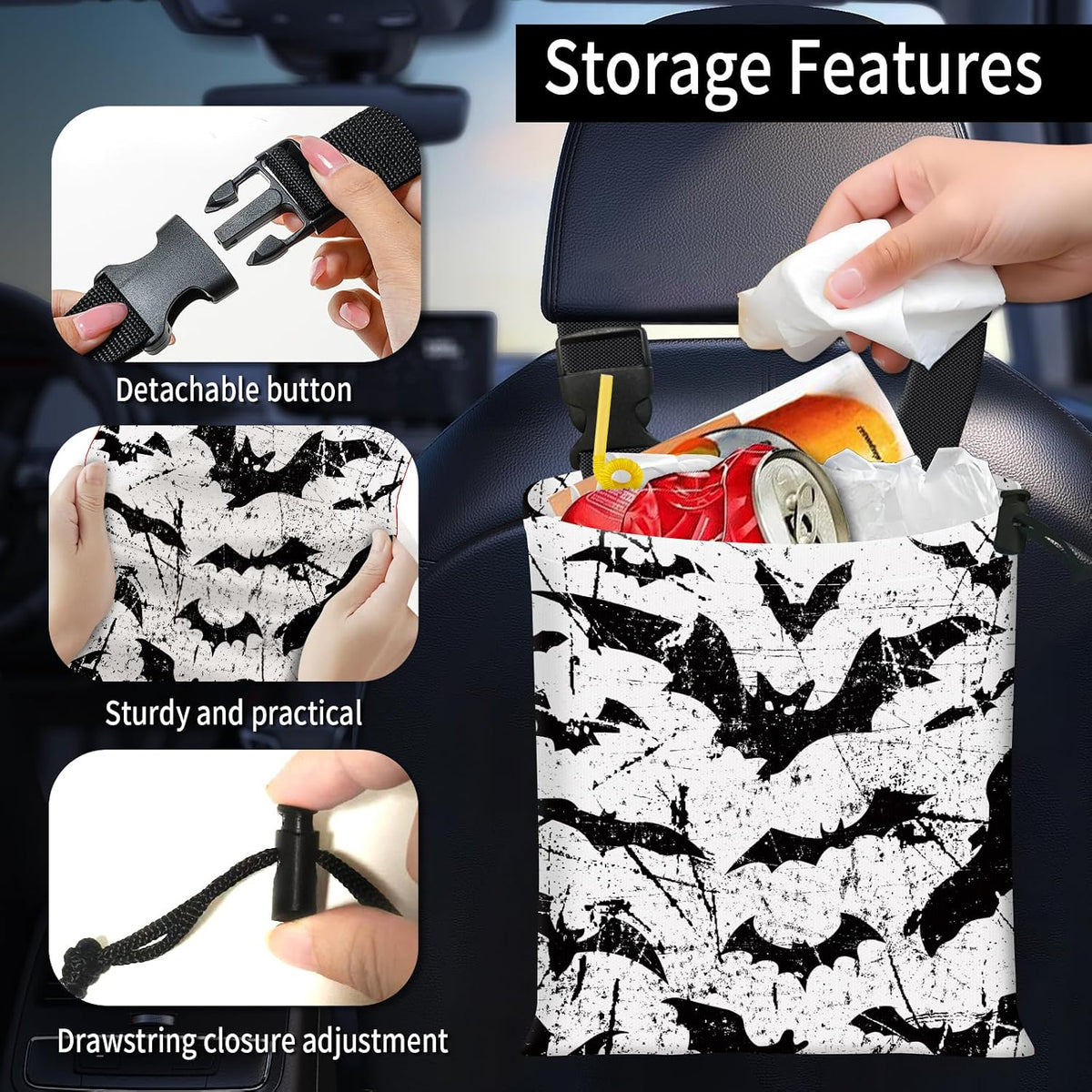 Car Trash Bag Large Hanging Can for Back of Seat, Cute Waterproof Car Garbage Bag for Vehicle, Travelling, Outdoor Cool Black Bats