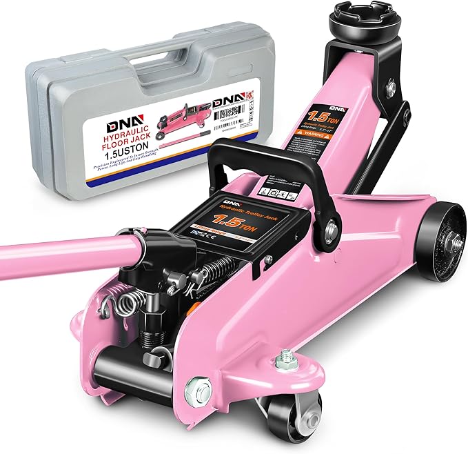 DNA Motoring 1.5 Ton Car Floor Jack Low Profile Hydraulic Trolley Service/Floor Jack, 1.5T / 3000 lbs Capacity, Lifting Range 5.3 Inch -12 Inch, with Storage Case, Pink, TOOLS-00327-PK