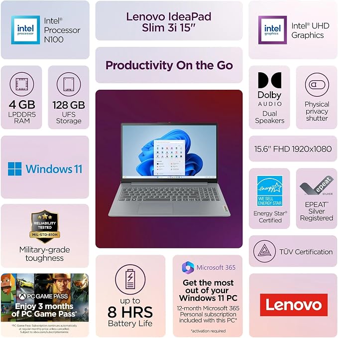 Lenovo IdeaPad Slim 3i • 15.6" FHD Laptop with Microsoft Office 365 • Intel 4 Cores • 128GB SSD • DDR5 • Quick Setup, Lightweight • Win 11