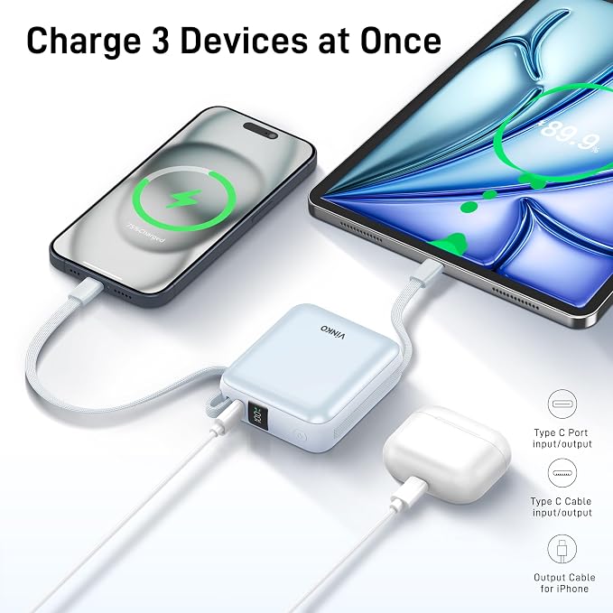 VINKO Portable Charger with Built-in Cable, 10000mAh 22.5W Fast Charging USB C Battery Bank, Cell Phone Power Bank for iPhone 16 15 14 Samsung Galaxy S24 S23 Series Android Tablet (Blue)