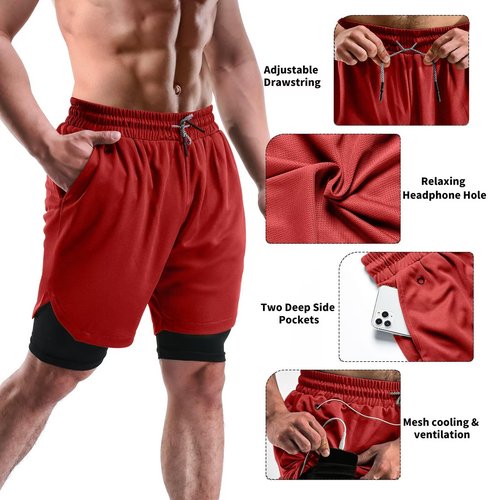 FIONECA 2 in 1 Mens Shorts Casual 2 Pack, Running Gym Shorts for Men 7 Inch, Workout Shorts Men with Pockets &Towel Loop -(Black&Red,XL)