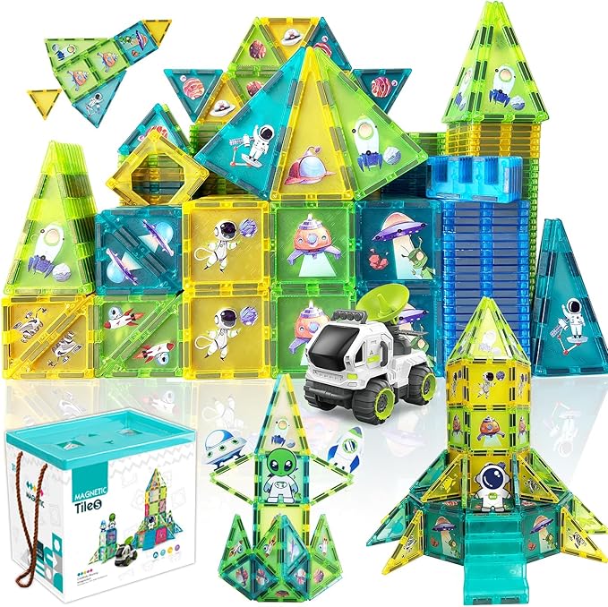 Magnetic Tiles Building Block Set Magnet Tiles Educational Toy Space Adventure Learning Construction Magnetic Toys Set Birthday Gift for Boys Girls Kids Age 3 4 5 6 7 8