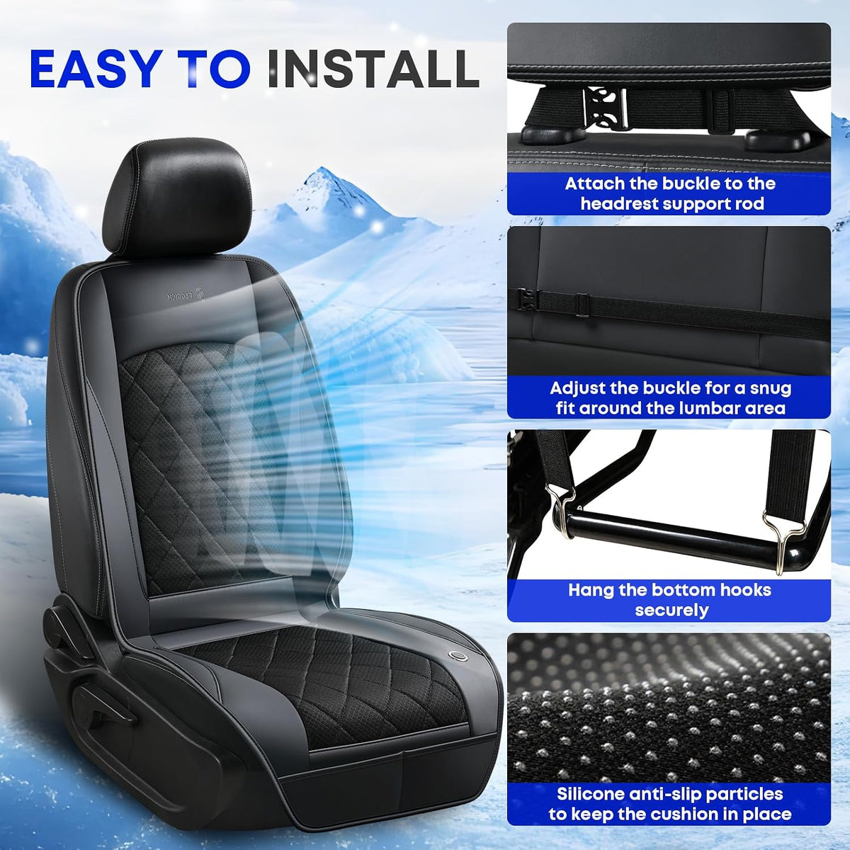 [2026 Upgrade] Cooling Car Seat Cover Ventilated Seat Cushion Summer Driving 12V-24V Ventilated Car Seat Cushion with 2 Powerful Turbo Fans with 3-Speed Adjustable Universal Fit Most Car-Slight Black