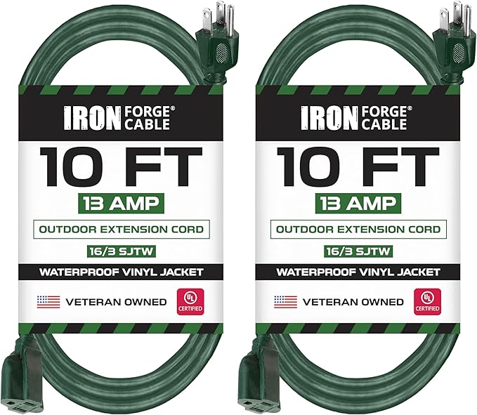 Iron Forge Cable 2 Pack Weatherproof 10 Ft Outdoor Extension Cord - 16/3 SJTW Heavy Duty Green Extension Cord 3 Prong - 13 Amp Exterior Power Cable